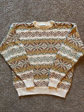 Perry Ellis Fair Isle Crewneck Sweater - Cream, Olive & Brown